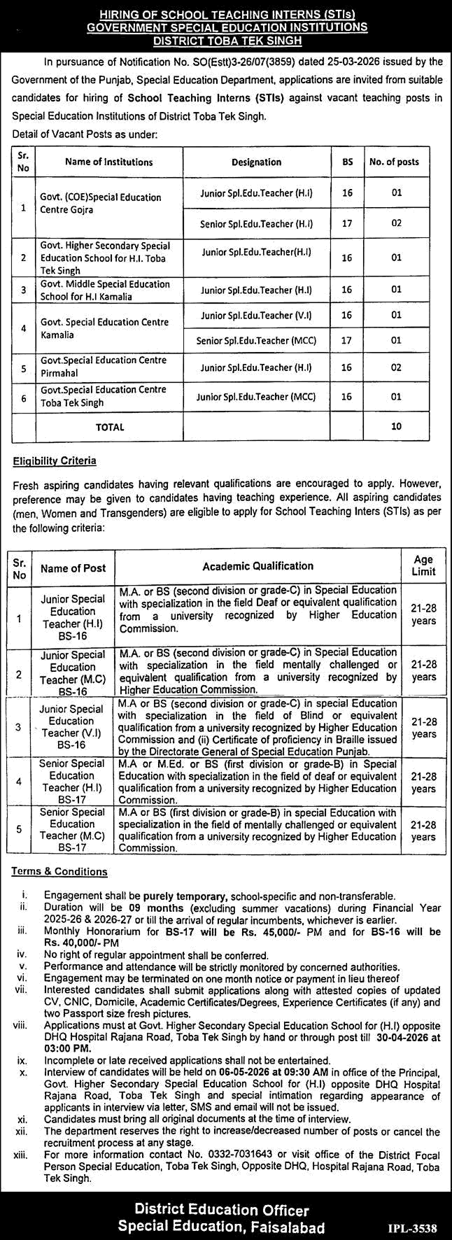 School Teaching Intern Jobs in Special Education Department Toba Tek Singh 2026 April Punjab STIs Latest