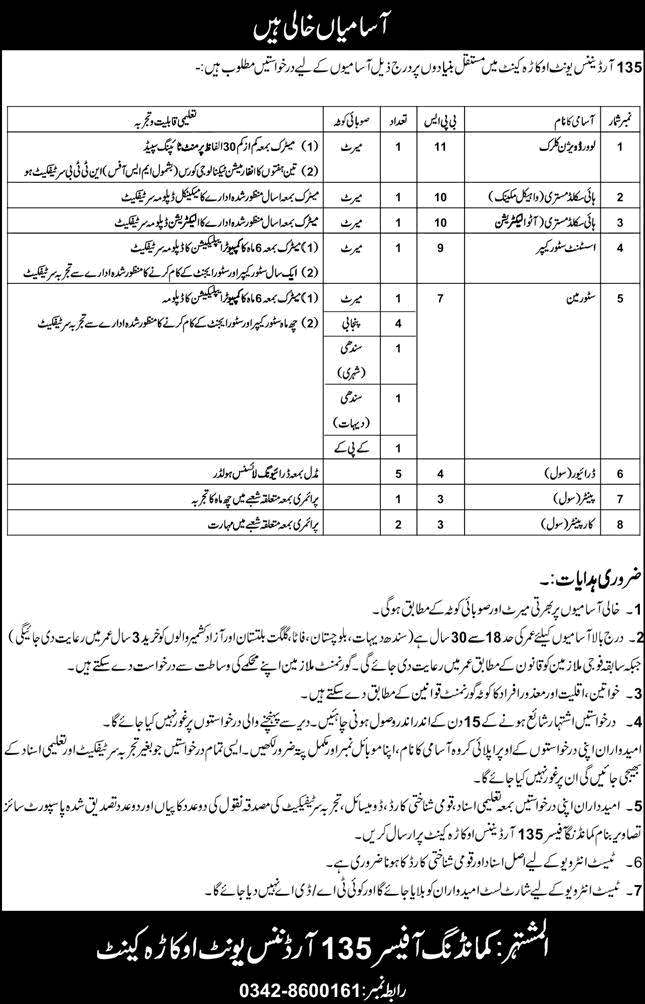 135 Ordnance Unit Okara Cantt Jobs 2026 May Storeman, Drivers & Others Pakistan Army Latest