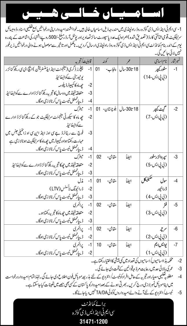 CMT&SD Golra Rawalpindi Jobs 2026 May USM Labour & Others Pakistan Army Latest