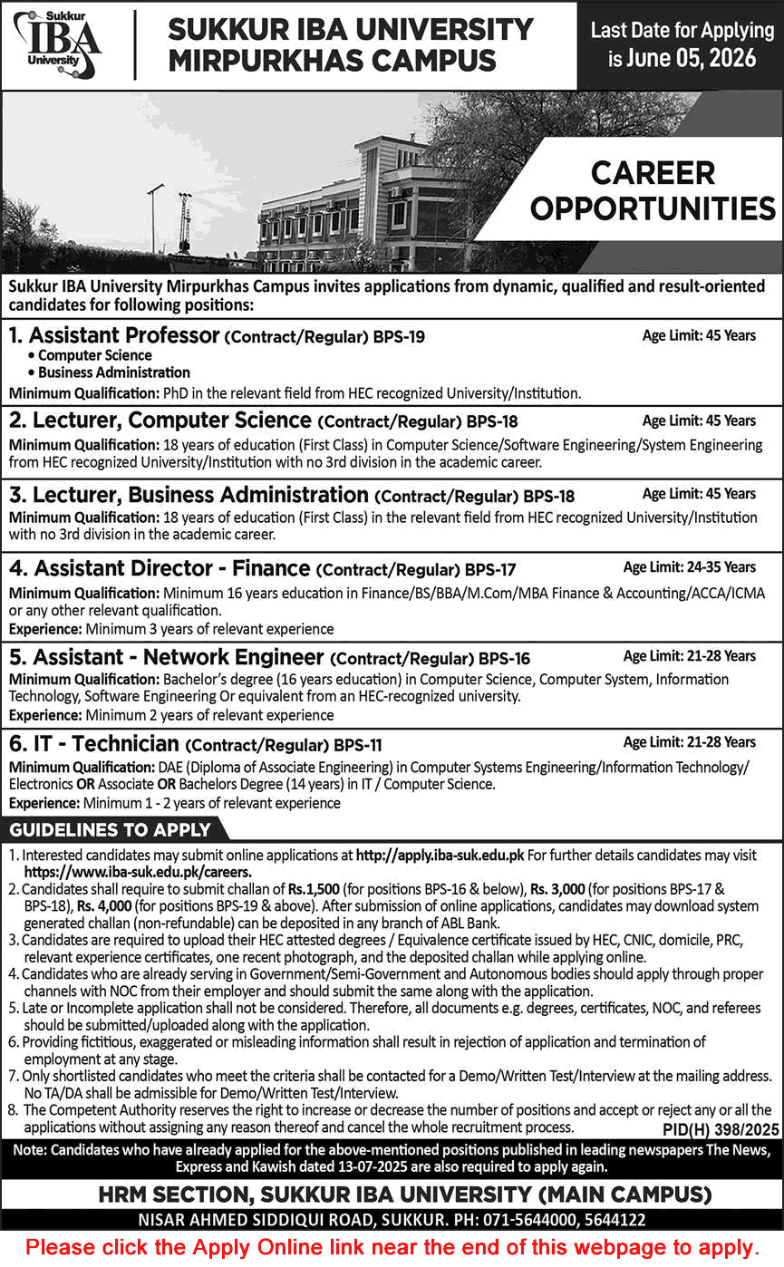 Sukkur IBA University Mirpur Khas Campus Jobs 2026 May Apply Online Teaching Faculty & Others Latest