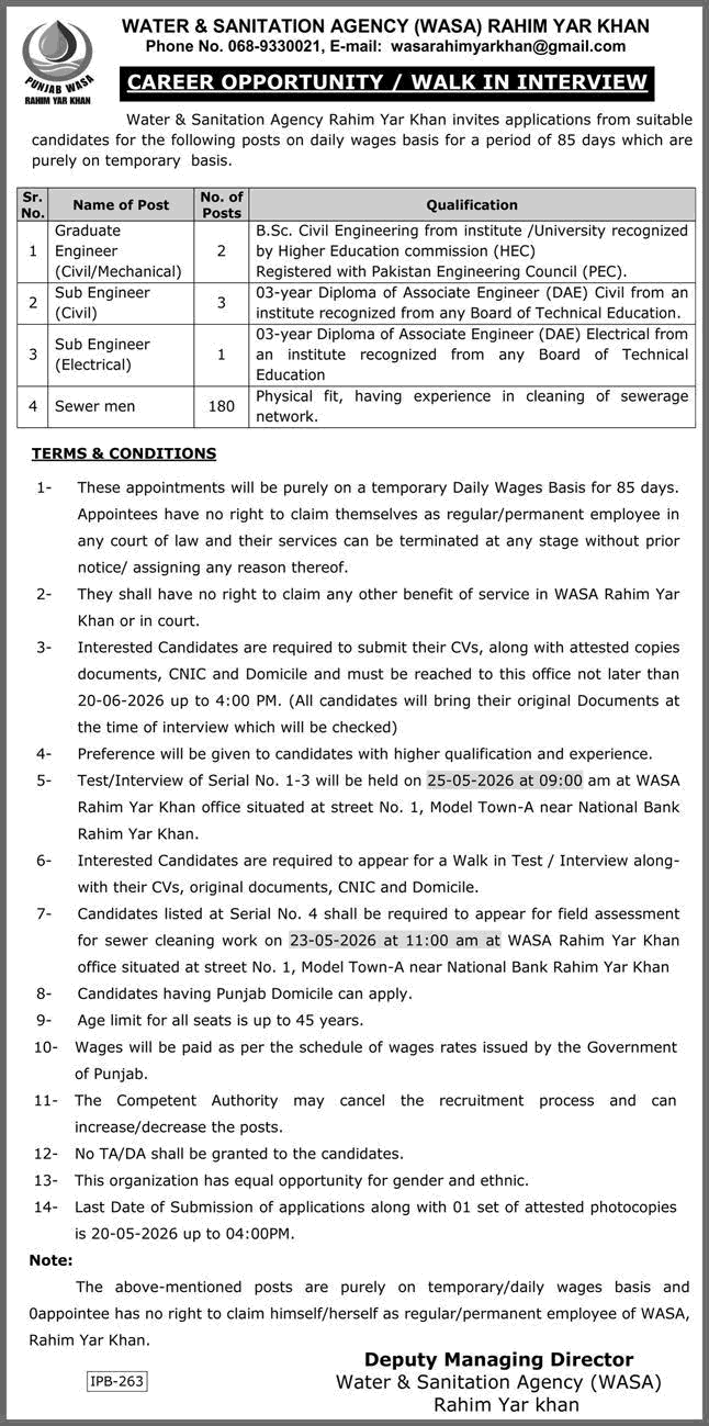 Water and Sanitation Agency Rahim Yar Khan Jobs 2026 May Sewerman, Sub Engineers & Others WASA Walk in Interview Latest