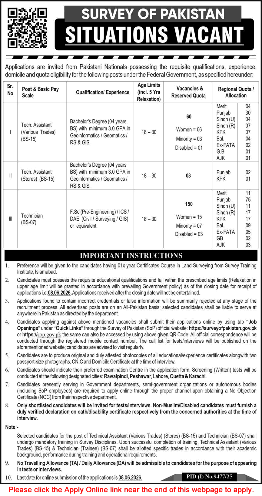 Survey of Pakistan Jobs 2026 May Apply Online Technical Assistants & Technicians Latest