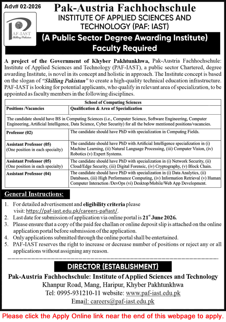 PAF IAST Haripur Jobs May 2026 June Apply Online Teaching Faculty Pak-Austria Fachhochschule Institute of Applied Sciences & Technology Latest
