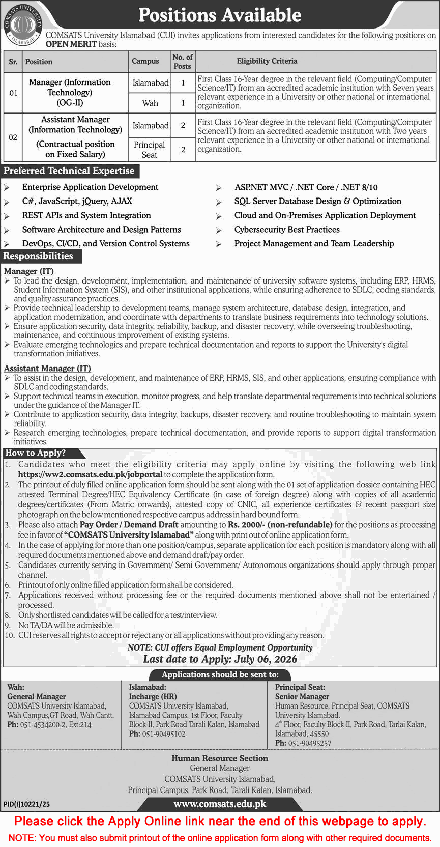 COMSATS University Islamabad Jobs June 2026 Apply Online Assistant / Managers IT CUI Latest