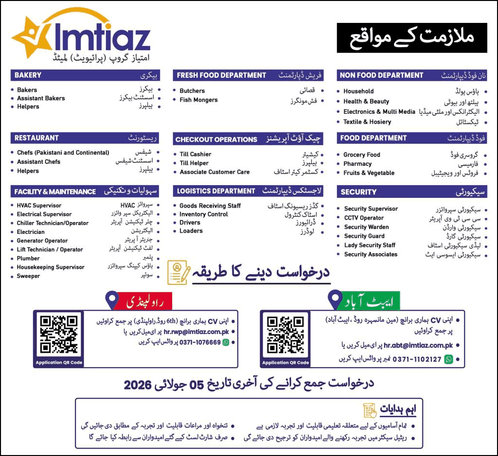 Imtiaz Supermarket Rawalpindi / Abbottabad Jobs June 2026 Sales Staff, Cashiers, Security Staff & Others Latest