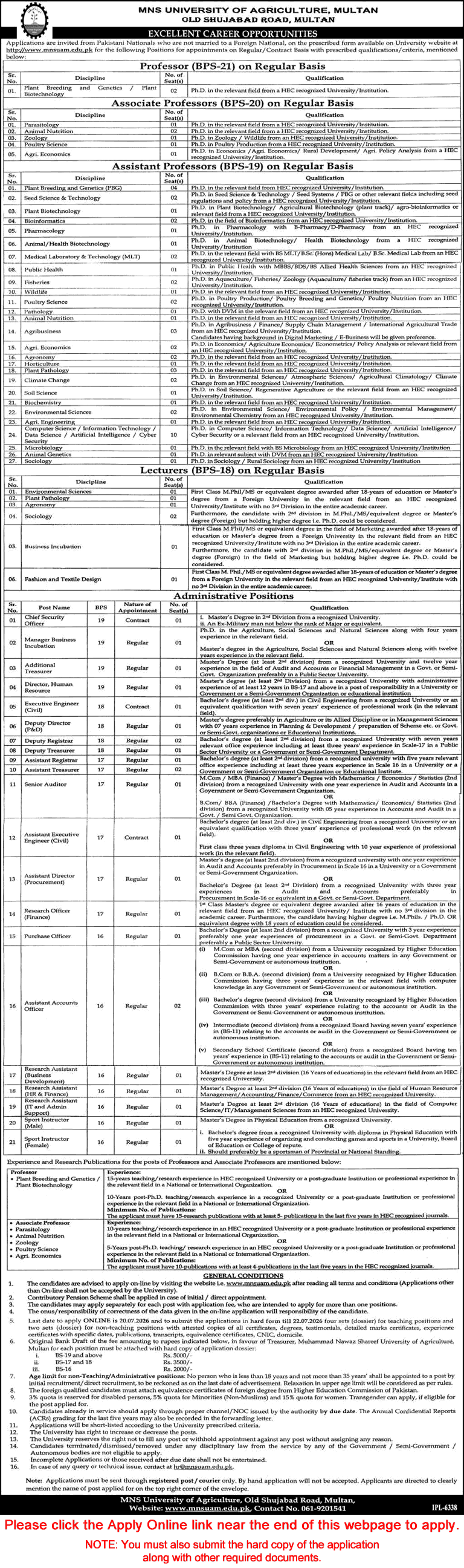 Muhammad Nawaz Shareef University of Agriculture Multan Jobs June 2026 Apply Online Teaching Faculty & Others Latest
