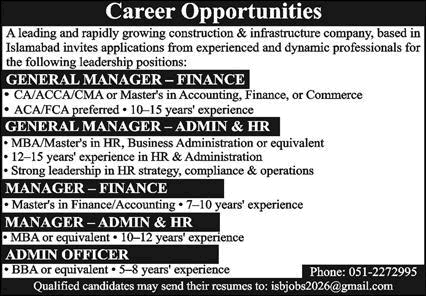 Construction Company Jobs in Islamabad June 2026 Admin Officer, Finance Manager & Others Latest