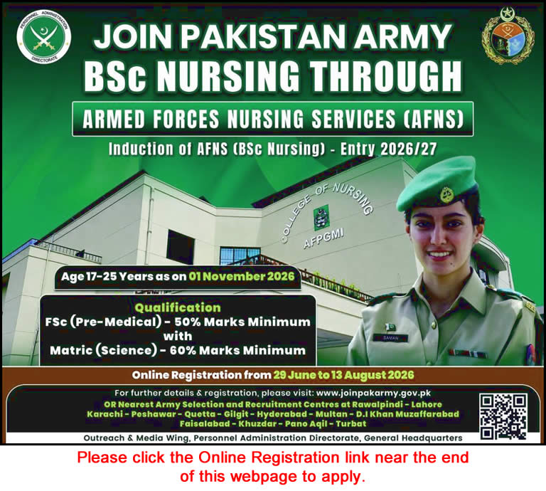 Join Pakistan Army as Nurse in AFNS June 2026 July Online Registration Armed Forces Nursing Services Latest