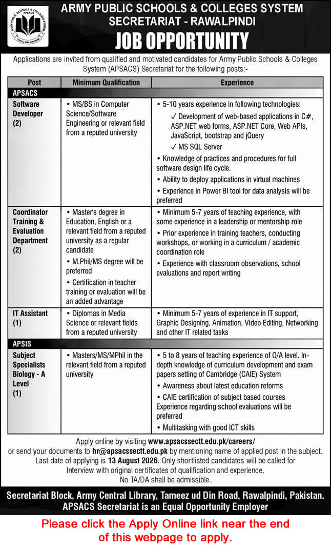 Army Public Schools and Colleges System Rawalpindi Jobs August 2026 Apply Online Software Developers & Others APS&CS Latest
