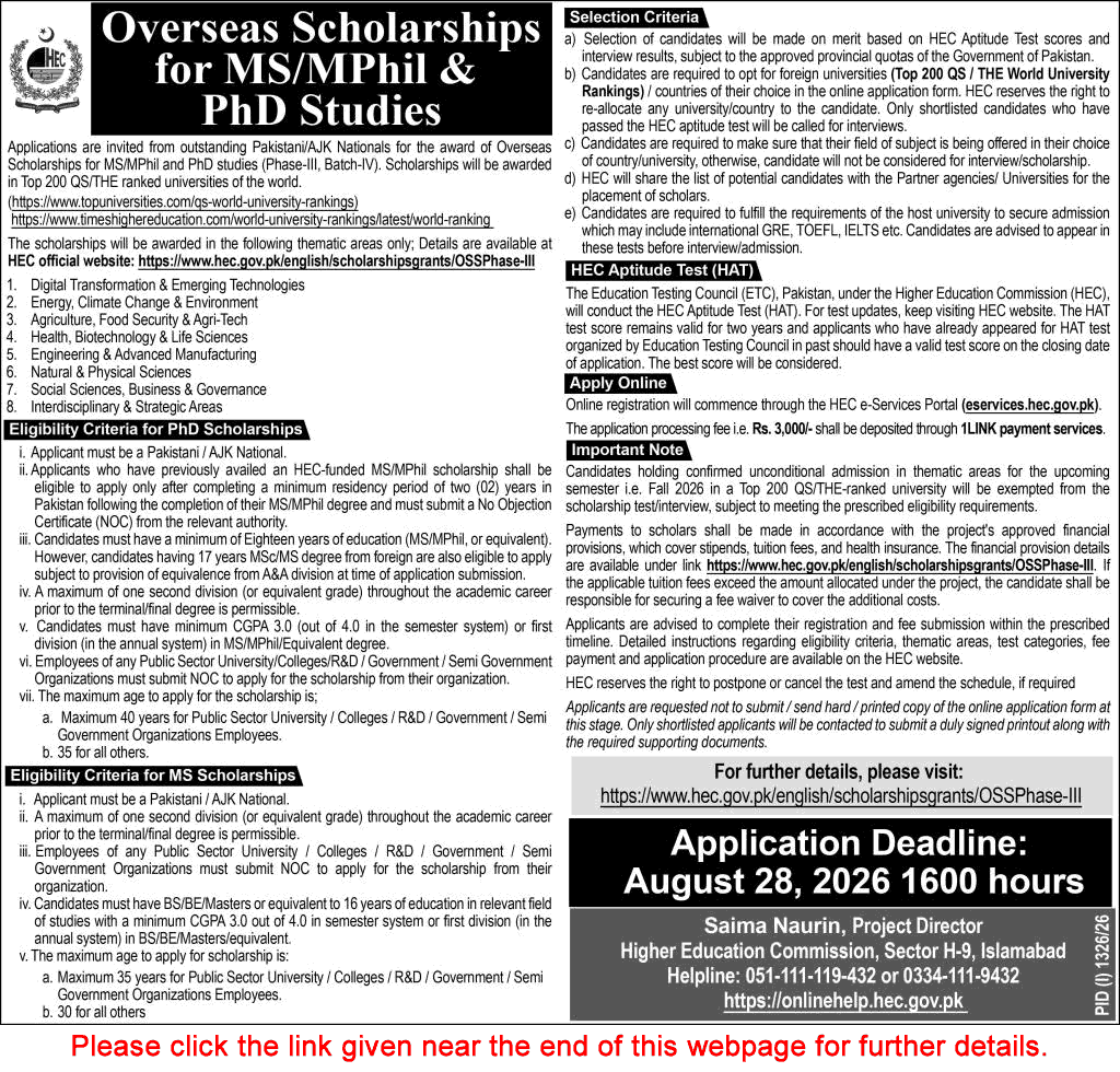 HEC Overseas Scholarships August 2026 Apply Online for MS / M Phil & PhD Studies Latest