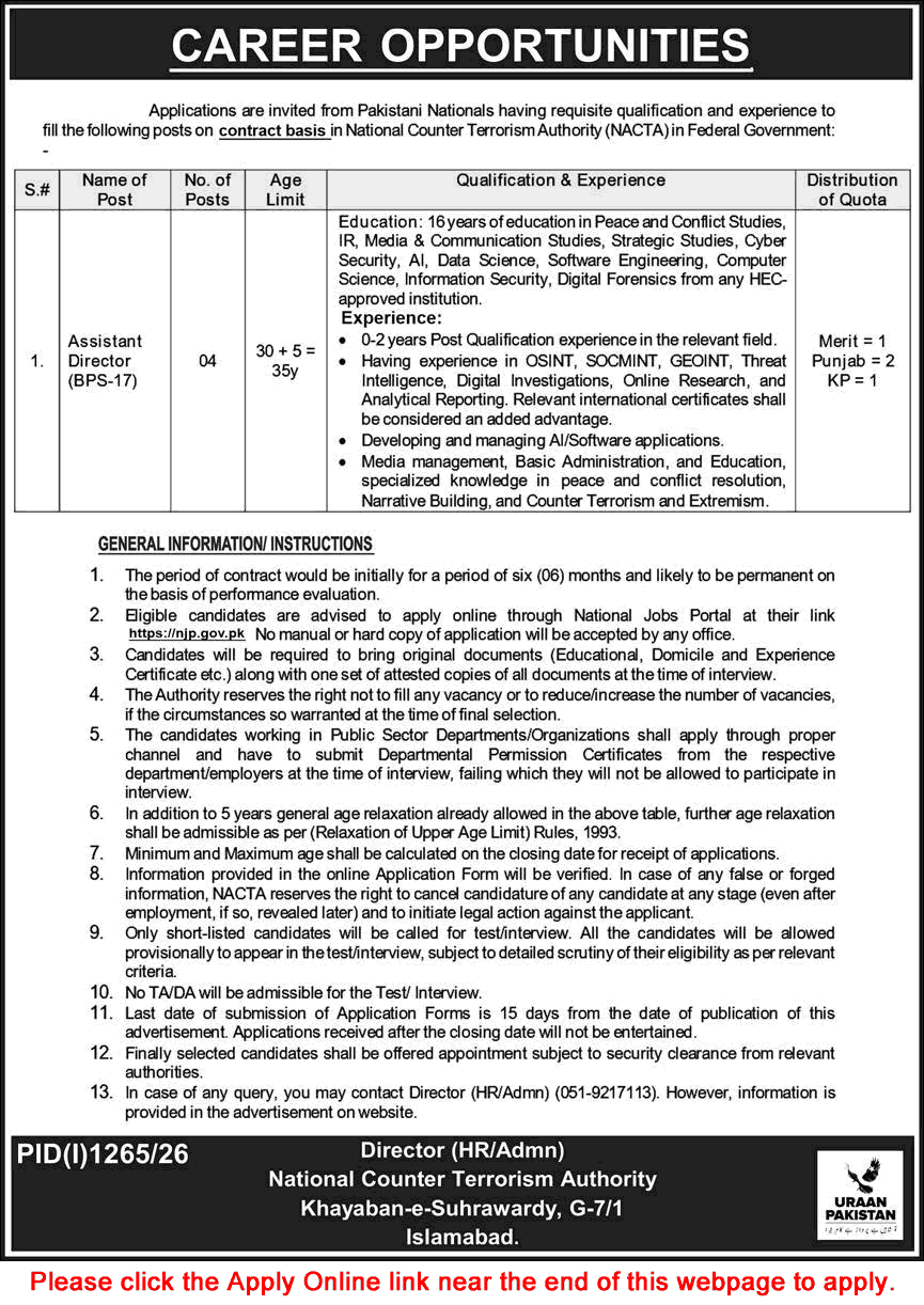 Assistant Director Jobs in NACTA 2026 August Apply Online National Counter Terrorism Authority Latest