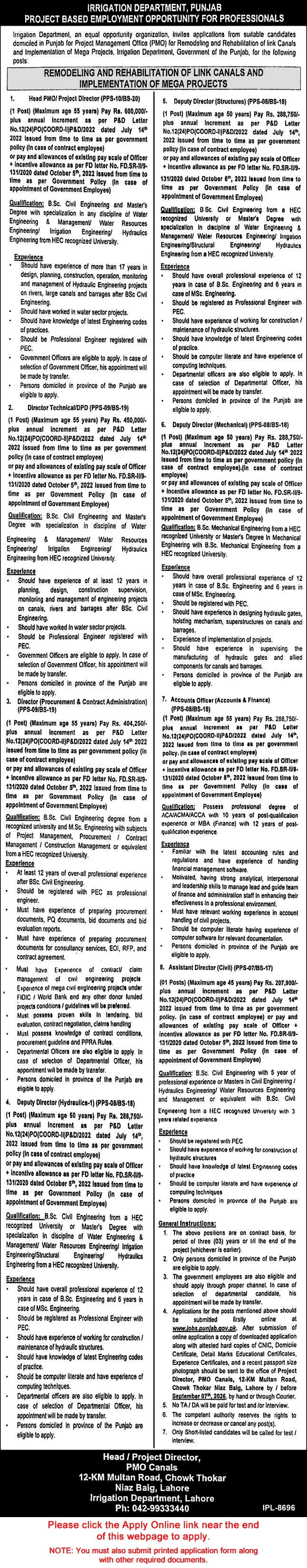 Irrigation Department Punjab Jobs August 2026 Apply Online Deputy / Assistant Directors & Others Latest