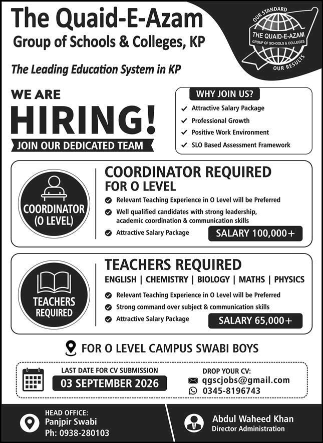 Quaid-e-Azam Group of Schools & Colleges KPK Jobs August 2026 September Teachers & Coordinators Latest
