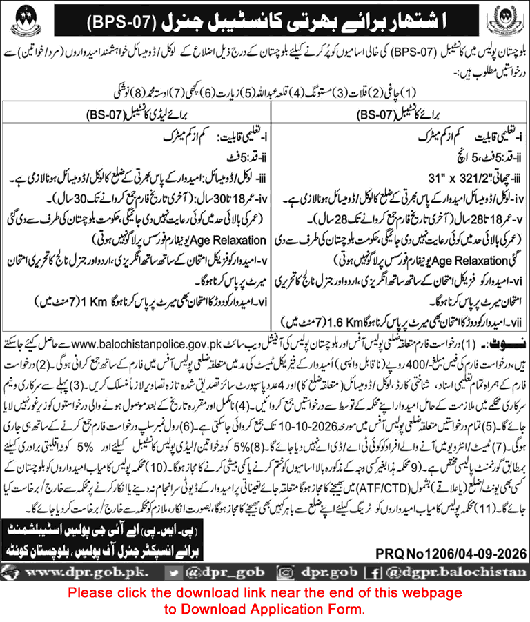 Constable Jobs in Balochistan Police September 2026 Application Form Download Latest