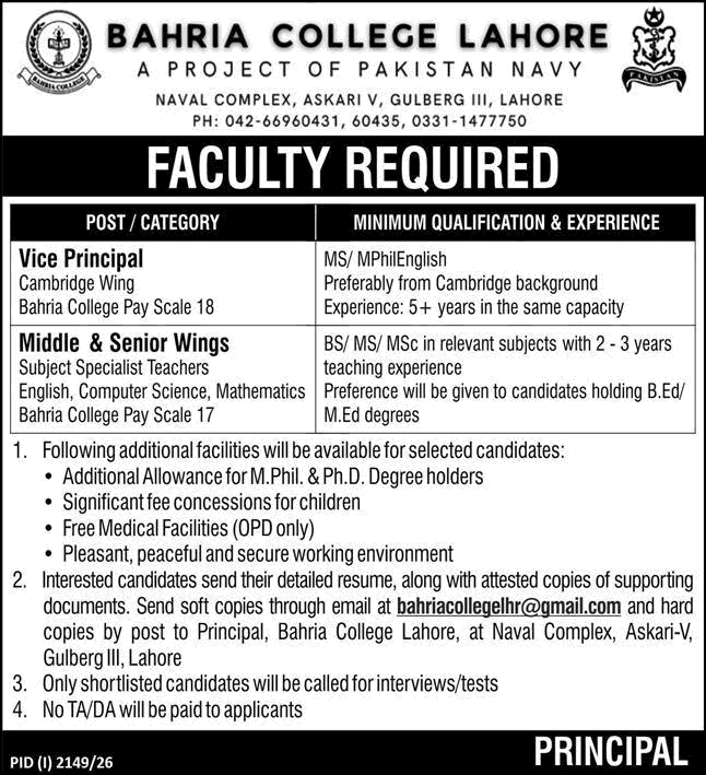 Bahria College Lahore Jobs September 2026 Teaching Faculty & Vice Principal Pakistan Navy Latest
