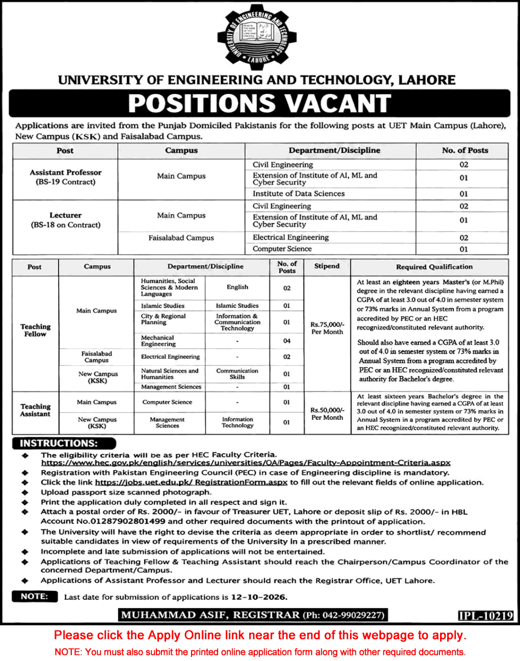 UET Lahore Jobs September 2026 October Apply Online Teaching Faculty, Teaching Assistant & Fellows Latest