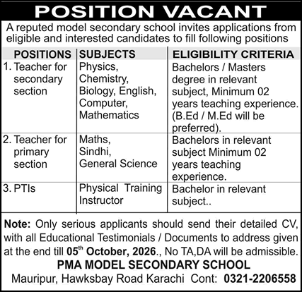 PMA Model Secondary School Karachi Jobs 2026 September / October Teachers & PTI Latest