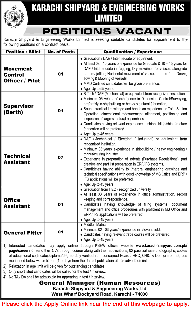 Karachi Shipyard and Engineering Works Jobs October 2026 Apply Online Technical Assistants & Others KSEW Latest