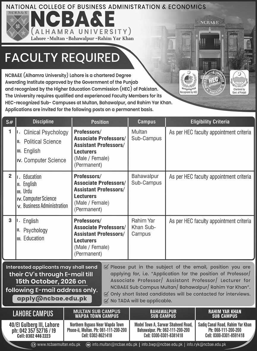 Teaching Faculty Jobs in NCBA&E 2026 October Alhamra University Latest