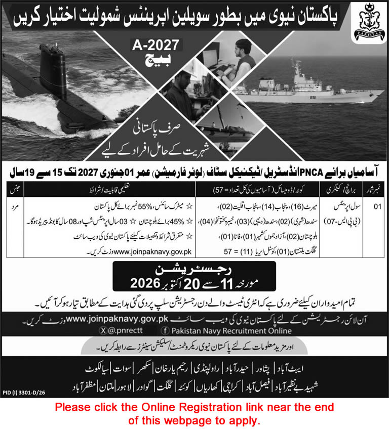 Join Pakistan Navy as Civilian Apprentice 2026 Apprenticeships Batch A-2027 Online Registration PNCA Latest