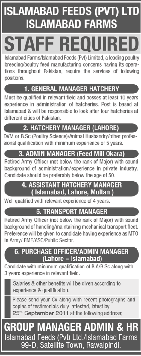 Jobs in Islamabad Feeds (Pvt) Ltd. Islamabad Farms