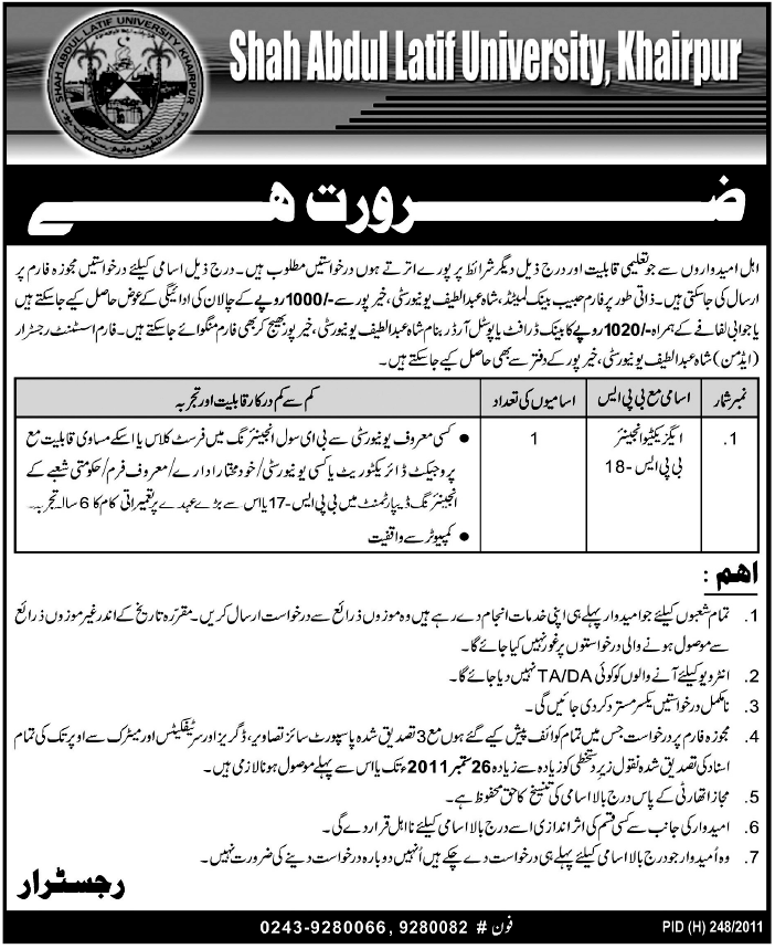 Job Opportunity in Shah Abdul Latif University, Khairpur