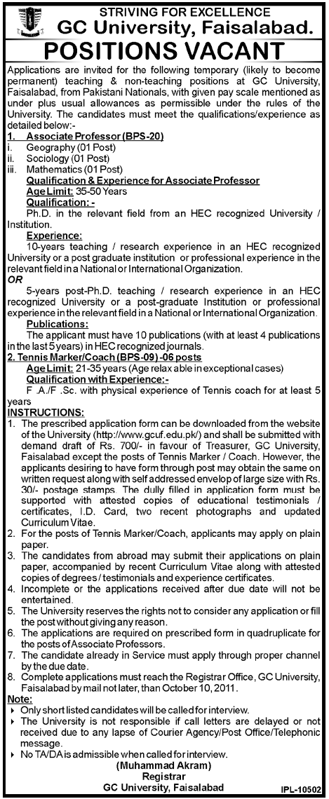 Position Vacant in GC University, Faisalabad