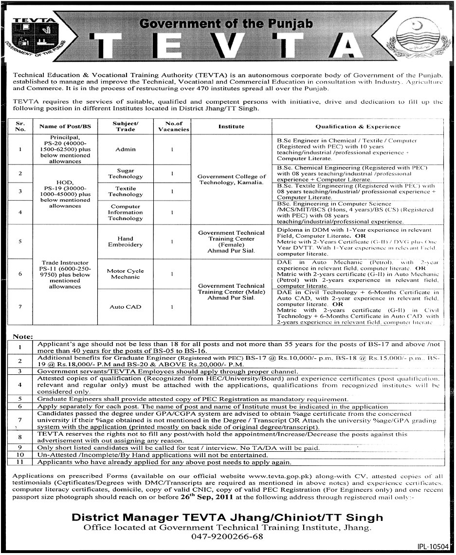 Jobs Opportunites in TEVTA