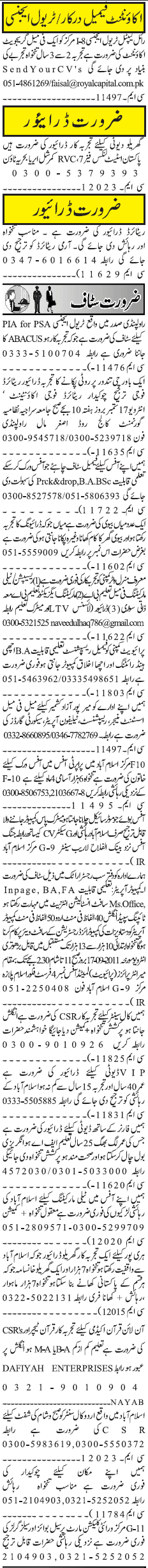 Misc. Jobs in Jang Rawalpindi Classified