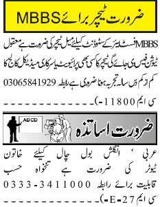 Misc. Jobs in Islamabad/Rawalpindi Jang Classified