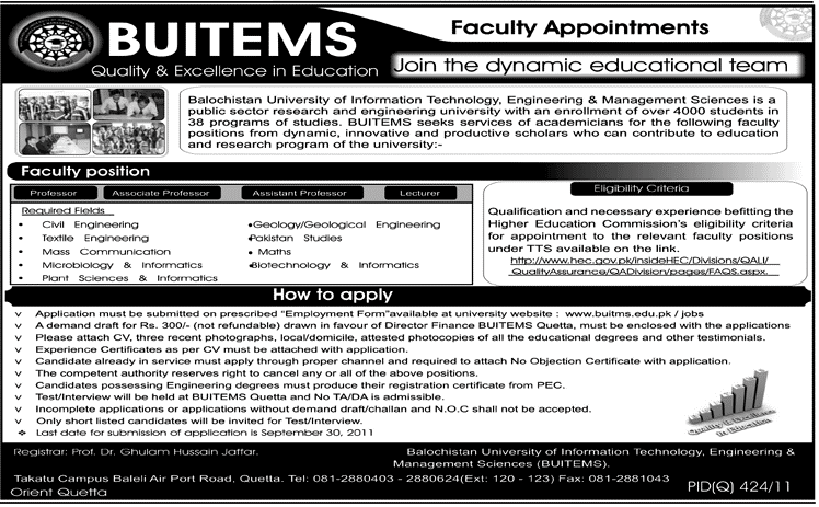 Faculty Required in Different Field at BUITEMS