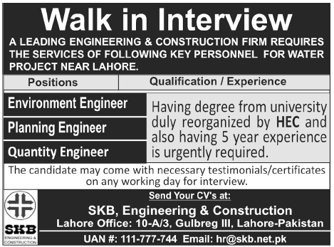 Job Opportunity Walk in Interview in Engineering & Construction Firm