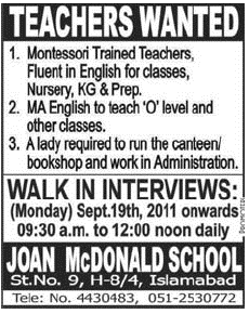 Job Opportunities in Joan McDonald School