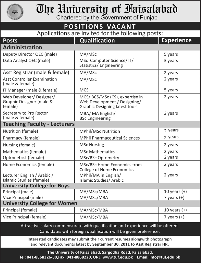 Faculty and Administration Positions Vacant In The University of Faisalabad