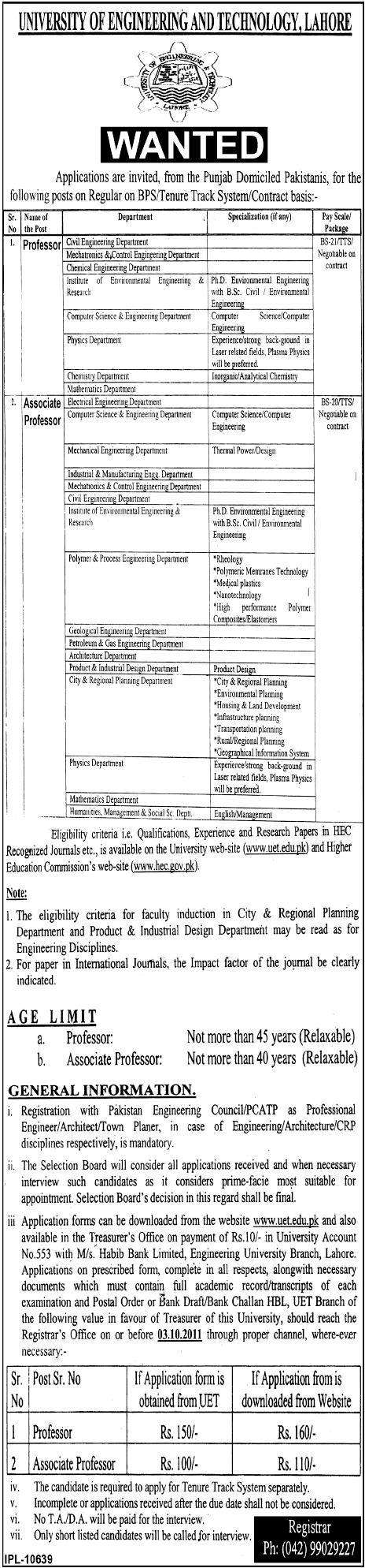 Faculty Required in Different Department of University of Engineering and Technology, Lachore