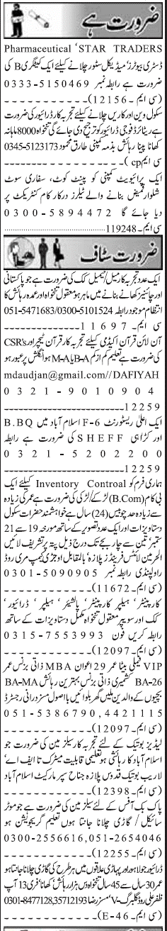 Misc. Jobs in Jang Rawalpindi Classified