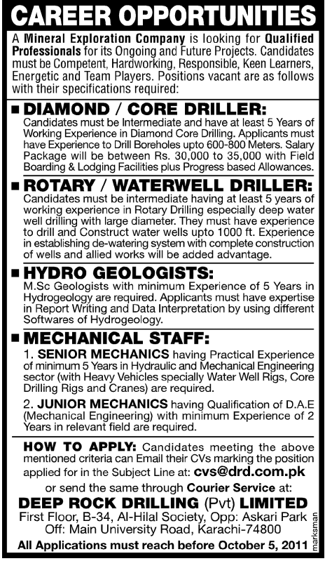 Career Opportunities in Deep Rock Drilling (Pvt) Limited