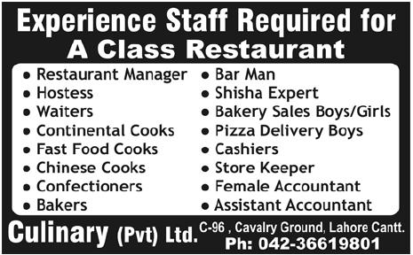 Experience Staff Required for A Class Restaurant