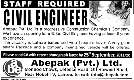 Civil Engineer Required by Abepak Pvt Ltd.