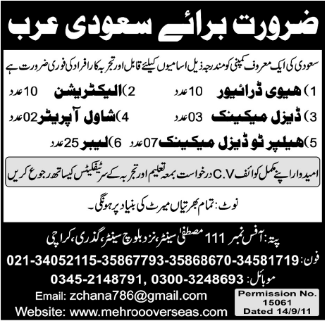 Urgently Required For Saudi Arabia