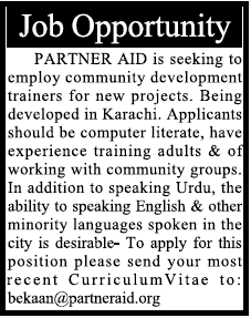 Partner AID is Seeking the Services of Community Development Trainers