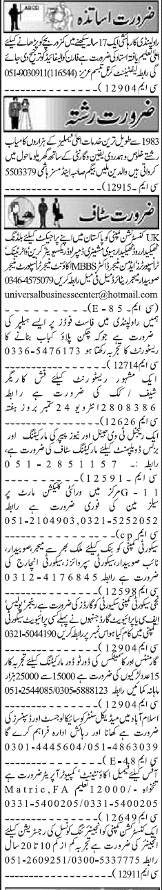 Misc. Jobs in Rawalpindi Jang Classified