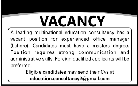Vacancy for Office Manager in Multinational Education Consultancy