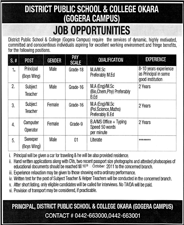 District Public School & College Okara Job Opportunities