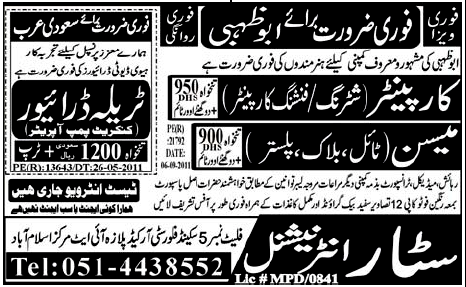 Urgently Required For Abu Dhabi & Saudi Arabia