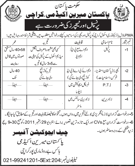 Pakistan Marine Academy Requires the Services of Principal and Teachers