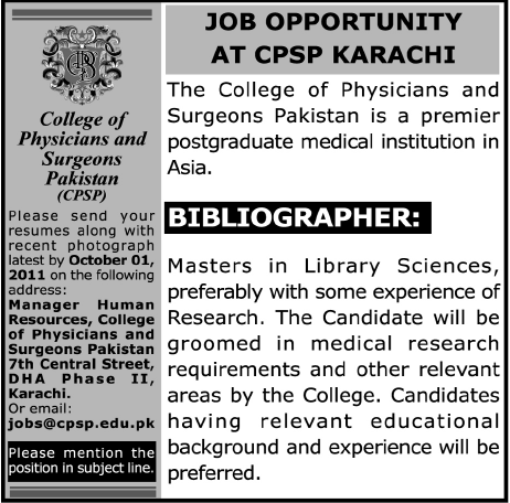 College of Physicians and Surgeons Pakistan (CPSP) Karachi Job Opportunity