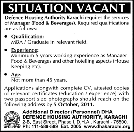 Defence Housing Authority Karachi Requires the Services of Manager