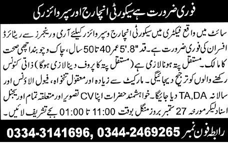 Urgently Required Security Incharge and Supervisor