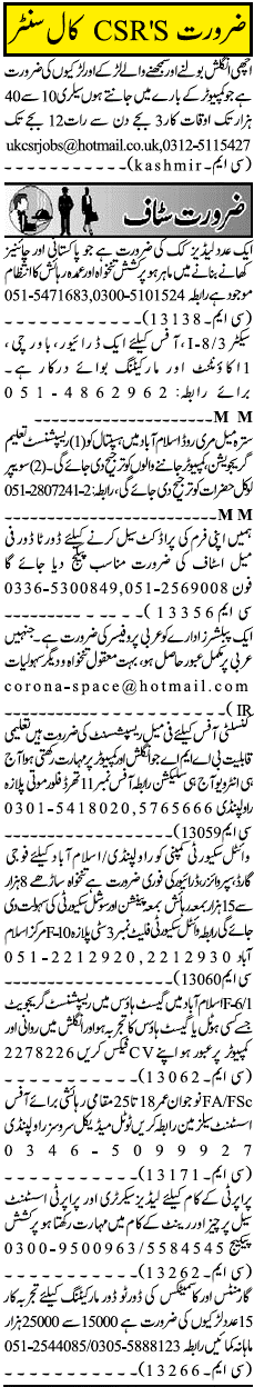 Misc. Jobs in Jang Karachi Classified 1